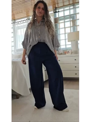 Lacivert Çizgili Oversize Gömlek