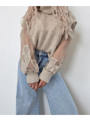 Tasarım Dantel Tül Detaylı Kazak