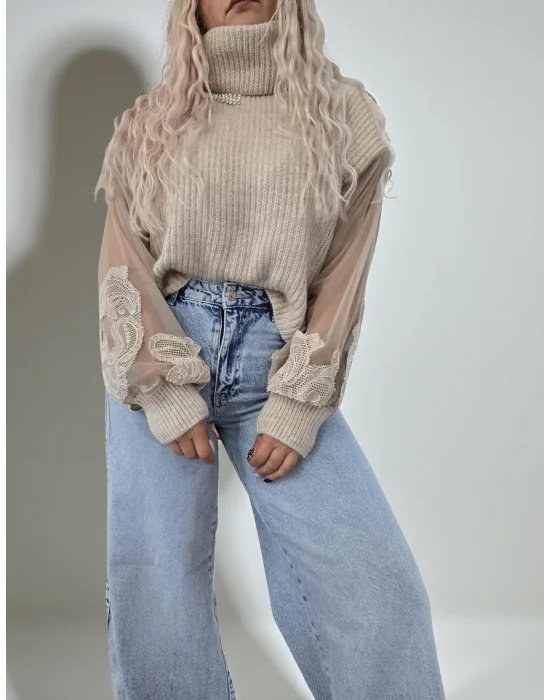 Tasarım Dantel Tül Detaylı Kazak