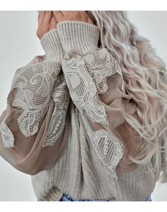 Tasarım Dantel Tül Detaylı Kazak