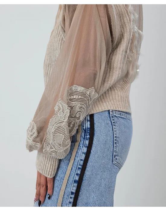 Tasarım Dantel Tül Detaylı Kazak