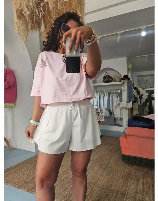 Pembe Taşlı Crop Tee
