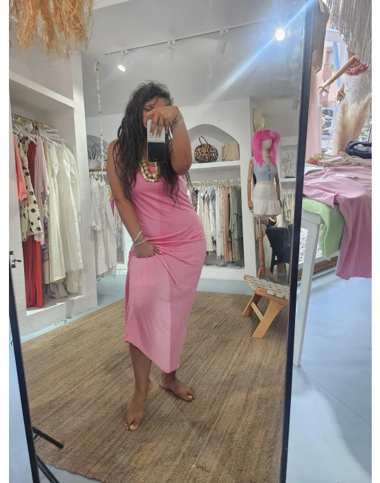 Pembe Triko Askılı Elbise