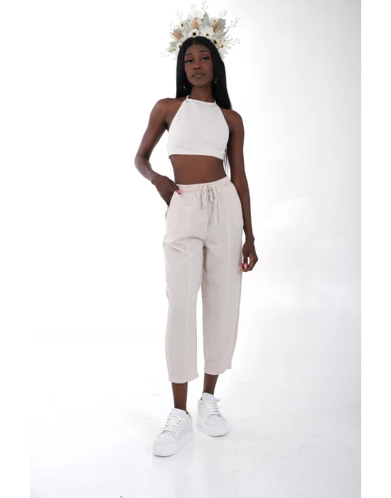 Taş Rengi Keten Crop