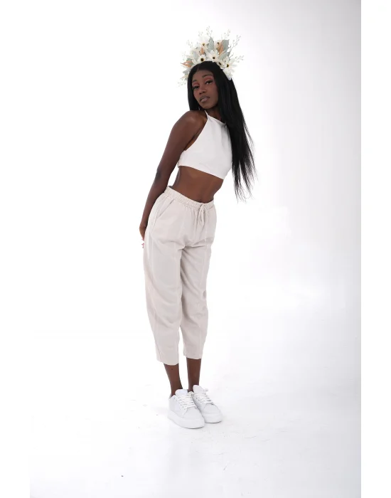 Taş Rengi Keten Crop