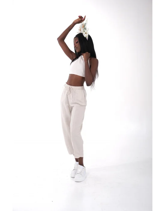 Taş Rengi Keten Crop