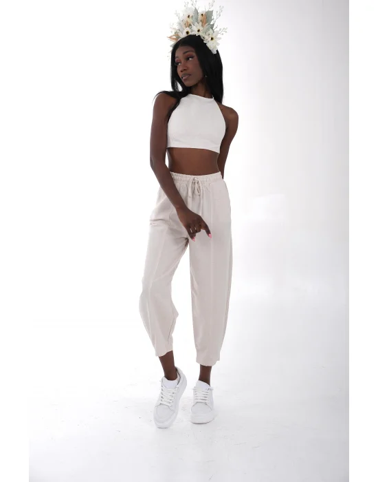 Taş Rengi Keten Crop