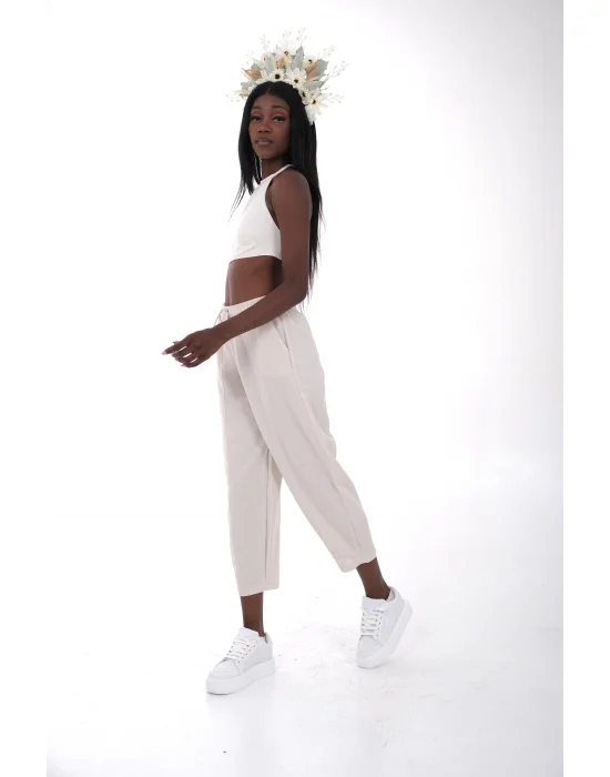 Taş Rengi Keten Crop