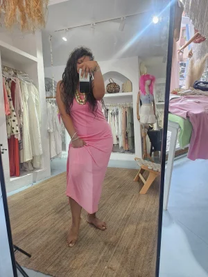 Pembe Triko Askılı Elbise