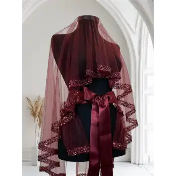 Bordo Taşlı Gelin Duvak Kuşak Eldiven El Gülü Kına Örtüsü Gelin Örtü Kına Seti