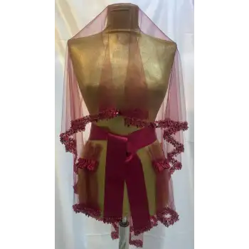 Bordo Taşlı Yapraklı Gelin Duvak Kuşak Eldiven El Gülü Kına Örtüsü Gelin Örtü Kına Seti Gelin