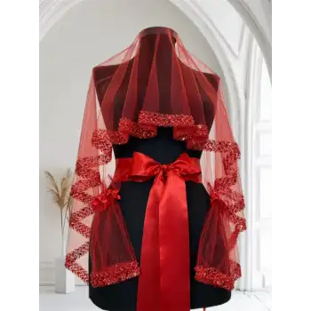 Kırmızı Taşlı Gelin Duvak Kuşak Eldiven El Gülü Kına Örtüsü Gelin Örtü Kına Seti