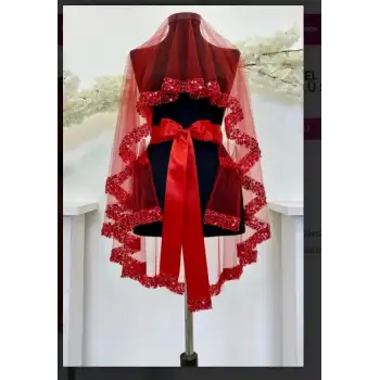 Kırmızı Taşlı Yapraklı Gelin Duvak Kuşak Eldiven El Gülü Kına Örtüsü Gelin Örtü Kına Seti