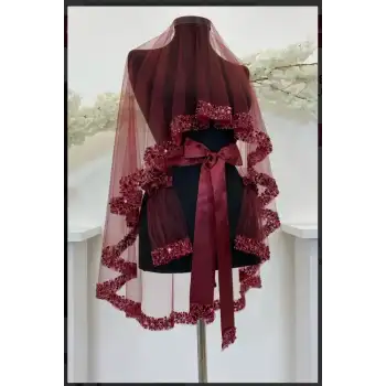 Bordo Taşlı Yapraklı Gelin Duvak Kuşak Eldiven El Gülü Kına Örtüsü Gelin Örtü Kına Seti