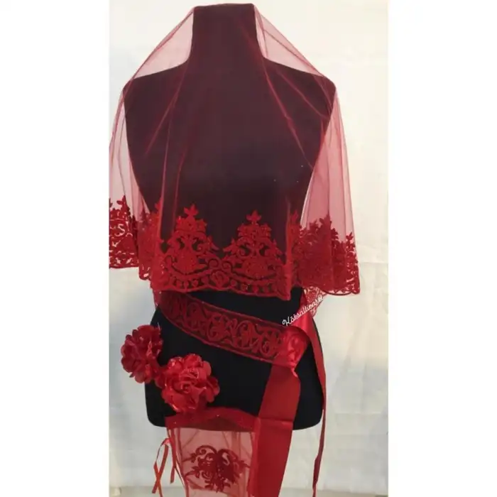 Özel Baskılı Simli Gelin Duvak Kuşak Eldiven El Gülü Kına Örtüsü Set 6 parça Kırmızı Renk Kına Gecesi set