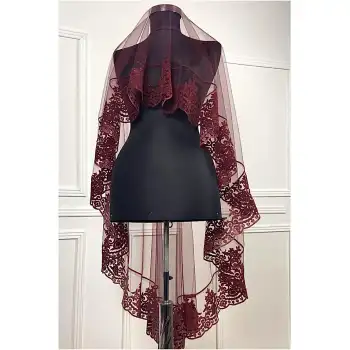 Bordo Flok Baskı Simli Gelin Duvak Kuşak Eldiven Set Kına Gecesi Düğün Nikah Gelin Alma