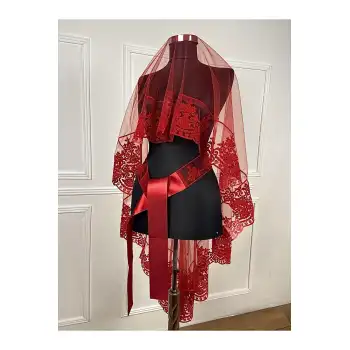 Kırmızı Flok Baskı Simli Gelin Duvak Kuşak Eldiven Set Kına Gecesi Düğün Nikah Gelin Alma