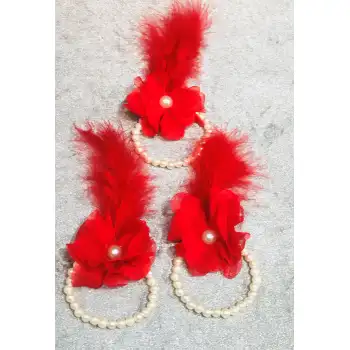 Nedime Bilekliği Incili Tüylü 10 Adet Kırmızı