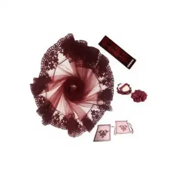 Kadife Simli Kına Örtüsü Duvak Seti Bordo Kemer El Gülü