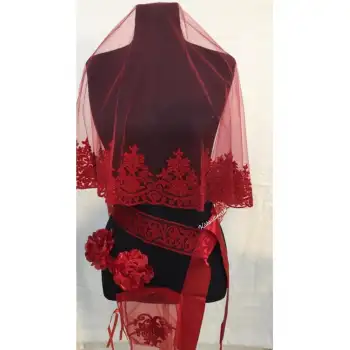 Özel Baskılı Simli Gelin Duvak Kuşak Eldiven El Gülü Kına Örtüsü Set 6 parça Kırmızı Renk Kına Gecesi set