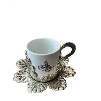 Türk Kahvesi Fincan Takımı 6 Kişilik Fincan Metal Döküm Gümüş Renk Tuğra Baskılı Hediyelik