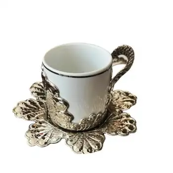 Türk Kahvesi Fincan Takımı 6 Kişilik Fincan Metal Döküm Hediyelik Gümüş Renk