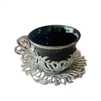 Türk Kahvesi Fincan Takımı 6 Kişilik Fincan Özel Desen Metal Döküm Hediyelik Gümüş Siyah Renk