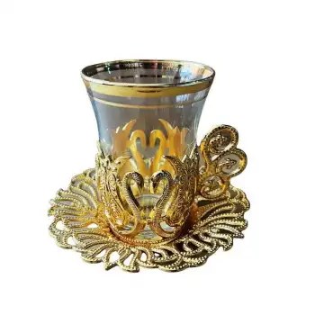 Çay Fincan Takımı 6 Kişilik Fincan Özel Desen Metal Döküm Cay Seti Hediyelik Sarı Renk