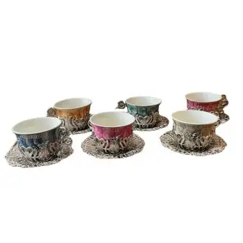 Türk Kahvesi Fincan Takımı 6 Kişilik Fincan Özel Desen Metal Döküm Hediyelik Renkli Renk