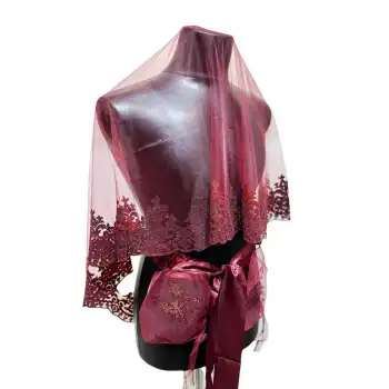 Bordo Flok Baskı Simli Gelin Duvak Kuşak Eldiven Set Kına Gecesi Kına Örtüsü Gelin Örtü Alma