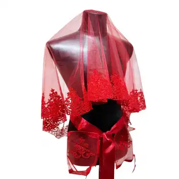 Kırmızı Flok Baskı Simli Gelin Duvak Kuşak Eldiven Gelin Örtüsü Set Kına Gecesi Düğün Nikah Gelin Alma