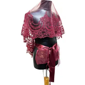 Kına Örtüsü Gelin Duvağı Bordo Taç Modeli Baskılı Gelin Duvak Eldiven Kemer Gelin Pullusu