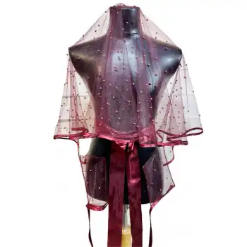 Kına Örtüsü İncili Biyeli Gelin Duvak Eldiven El Gülü Kuşak Komple Set Bordo Renk Gelin Duvağı