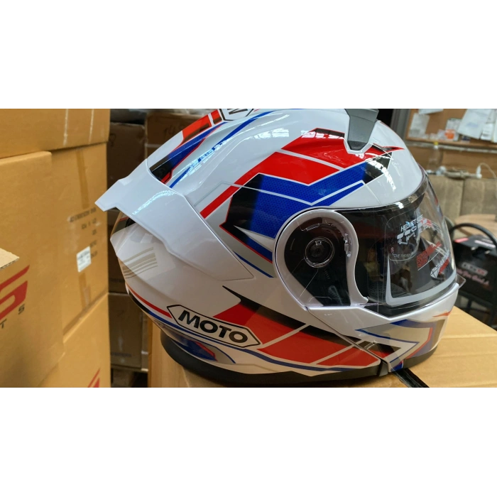 Çene Açılır Kask LS5 Beyaz-Mavi-Kırmızı