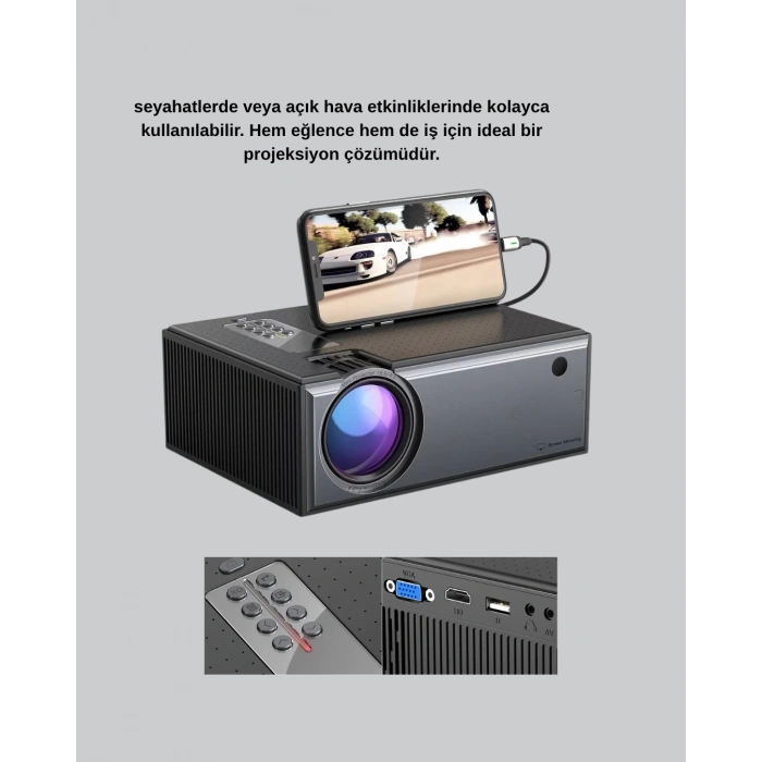 1080p Full HD Taşınabilir Projeksiyon Cihazı LED Işıklı Uzaktan Kumandalı