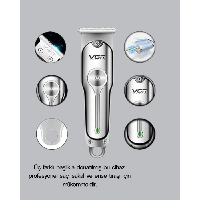 Profesyonel Gümüş Şarjlı Tıraş Makinesi – 3 Başlık, 120 Dakika Kullanım Süresi, Kompakt ve Hafif Tasarım