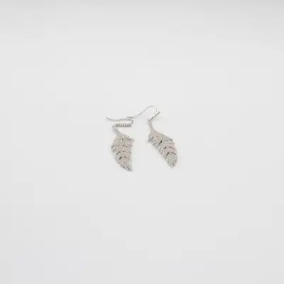 Pırlanta Montürlü Kuş Tüyü Gümüş Küpe