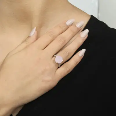 Doğal Taşlı Pembe Kuvars Gümüş Yüzük