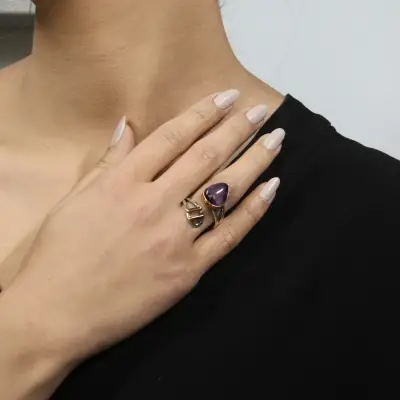 Doğal Taş Ametist Gümüş Tasarım Yüzük
