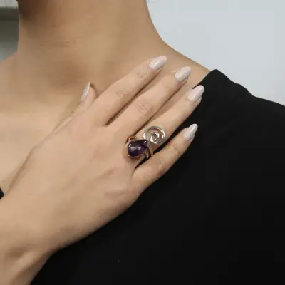 Doğal Taş Ametist Tasarım Gümüş Yüzük