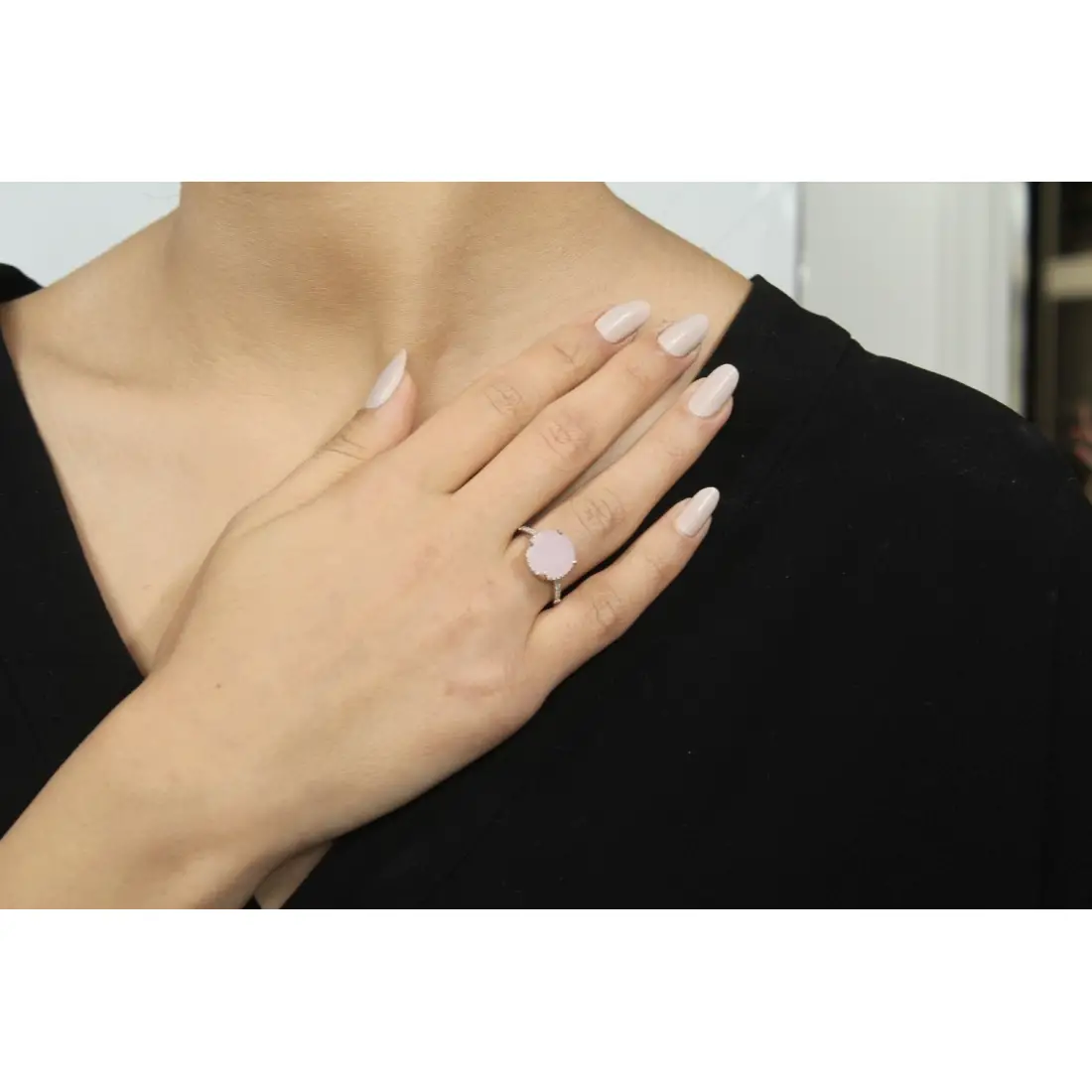 Doğal Taşlı Pembe Kuvars Gümüş Yüzük