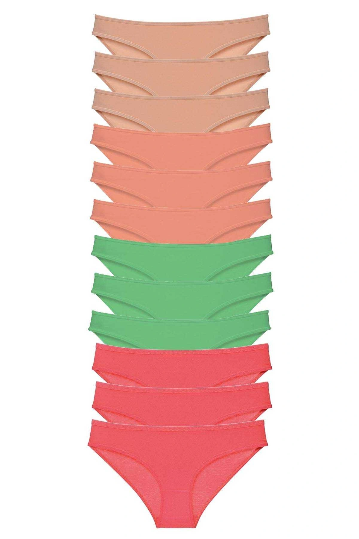 12 Adet Süper Eko Set Likralı Kadın Slip Külot Ten Pudra Yeşil Fuşya