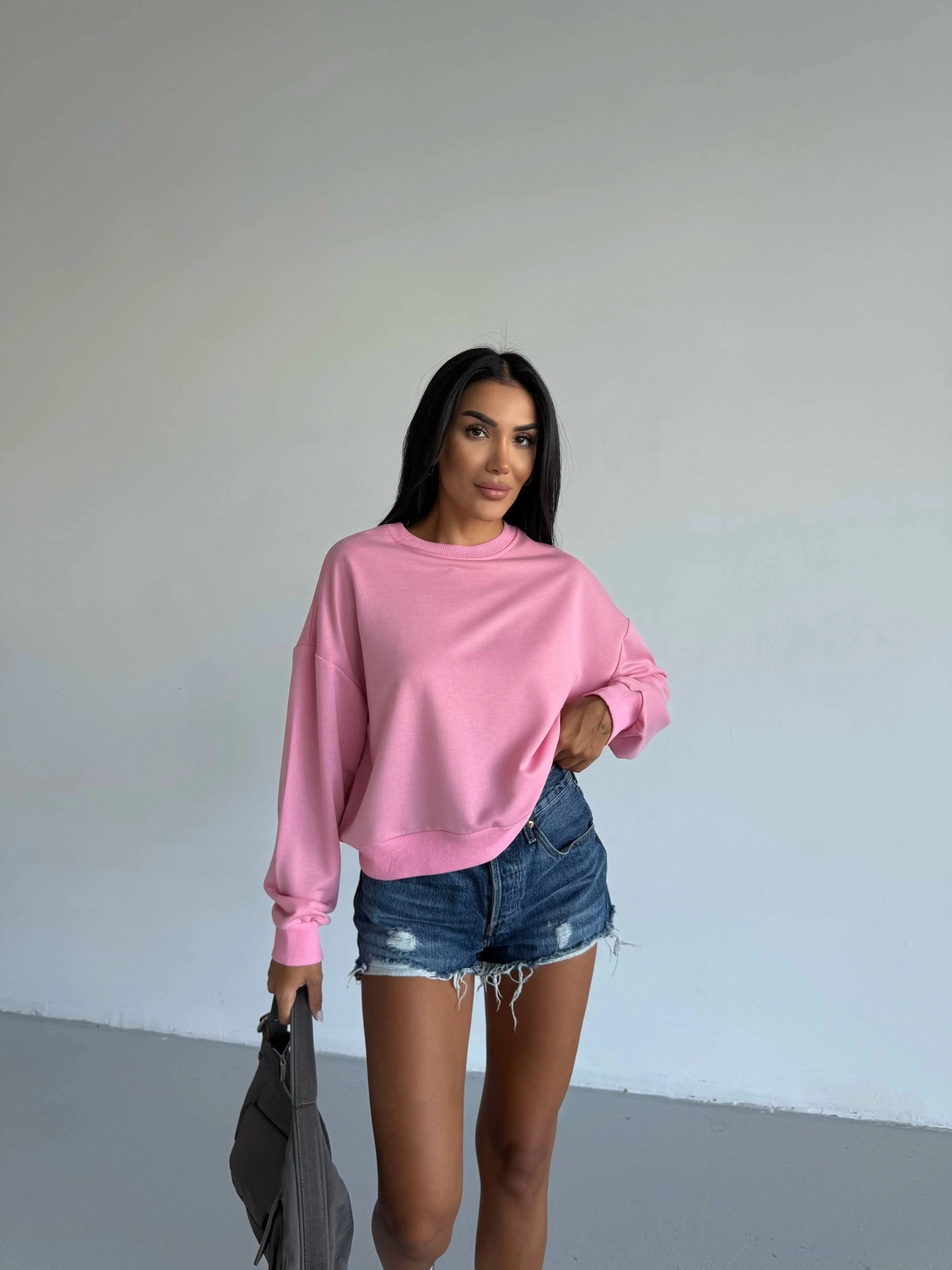 2 iplik bisiklet yaka sweat pembe f2339