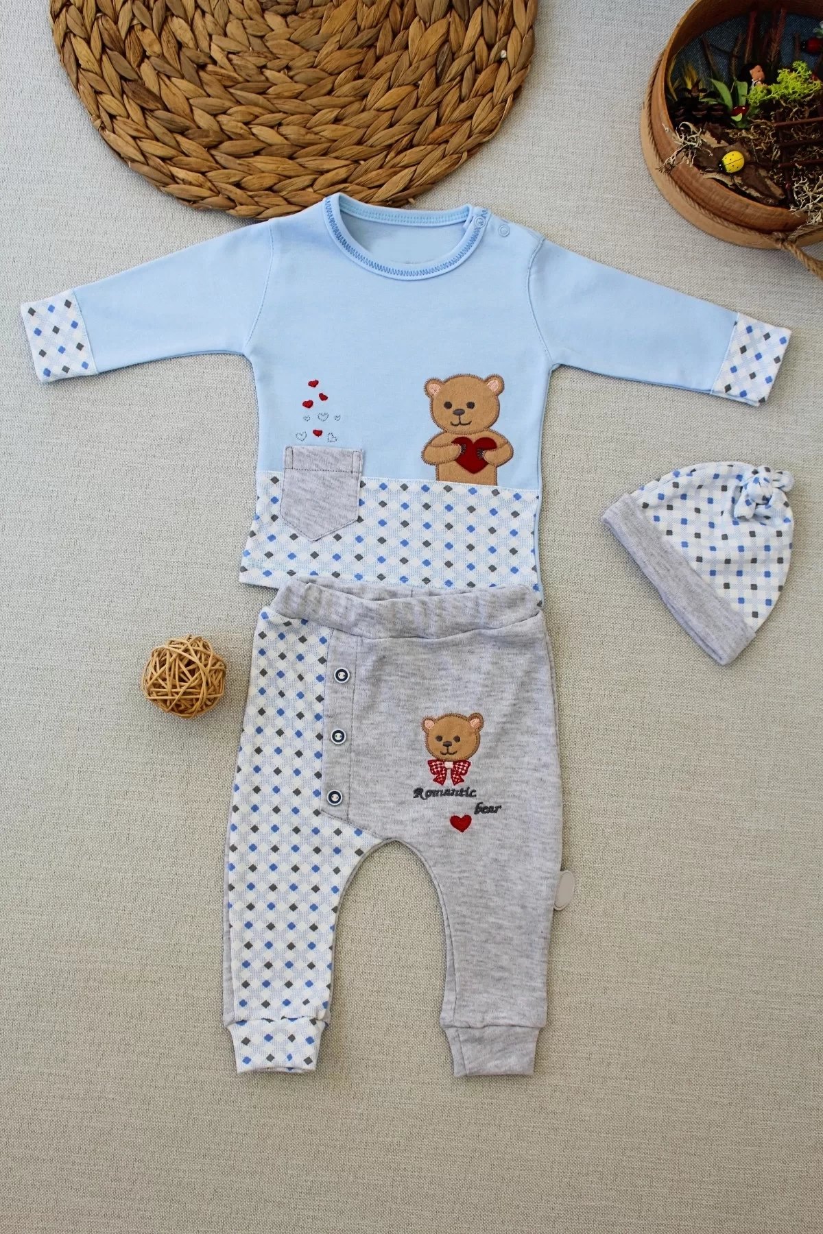 3-6 9-12 12-18 Ay Romantik Ayıcık Nakışlı Şapkalı Uzun Kollu Sweatli 3lü Kız-erkek Bebek Takımı