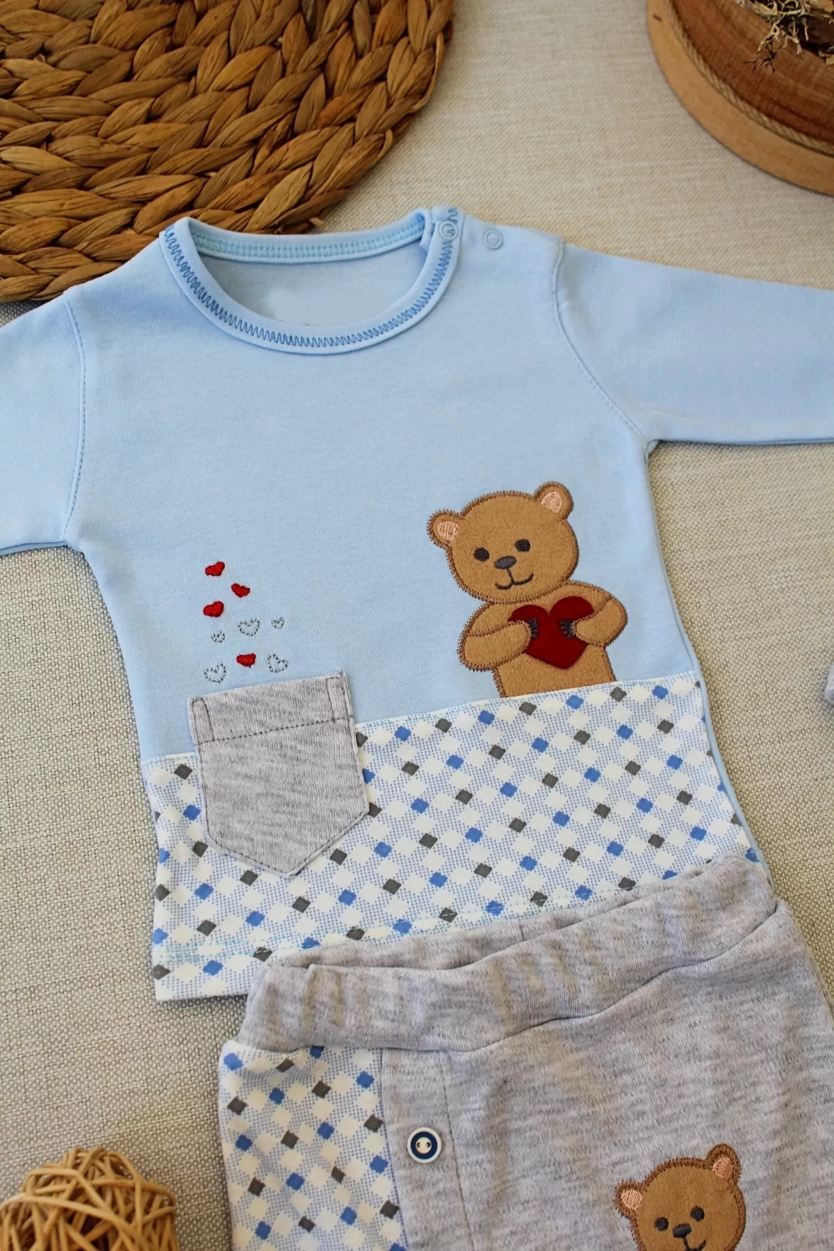 3-6 9-12 12-18 Ay Romantik Ayıcık Nakışlı Şapkalı Uzun Kollu Sweatli 3lü Kız-erkek Bebek Takımı