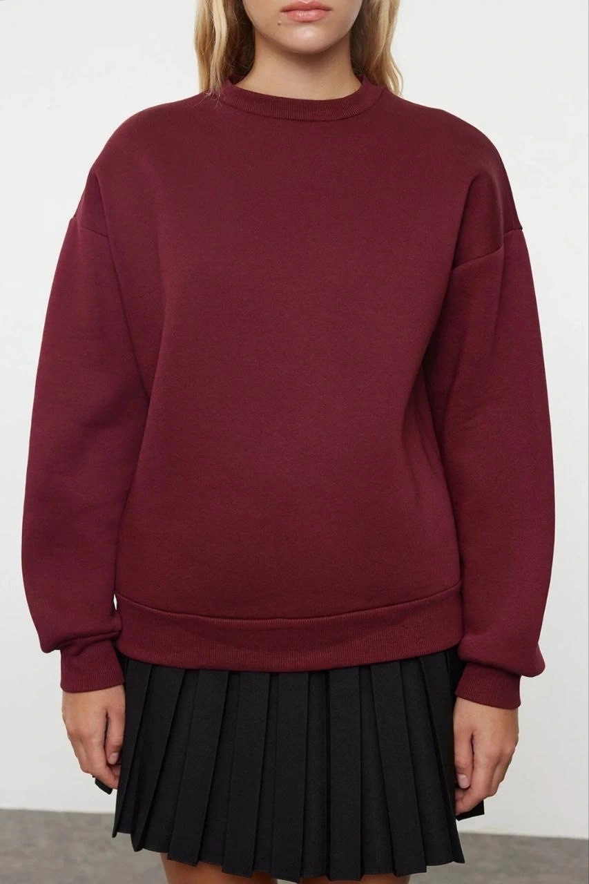 3 iplik şardonlu bisiklet yaka sweatshirt bordo