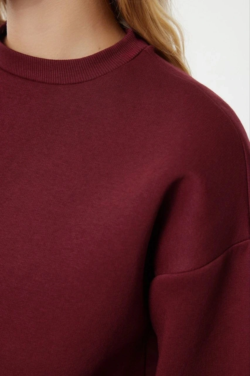 3 iplik şardonlu bisiklet yaka sweatshirt bordo