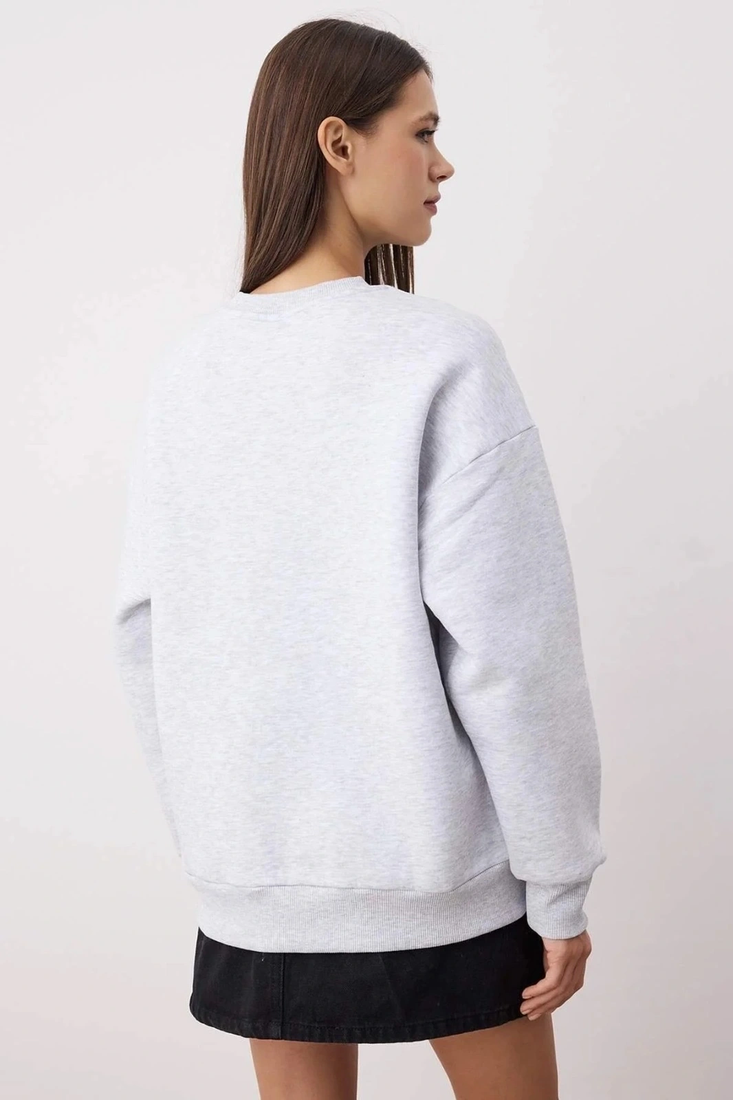 3 iplik şardonlu bisiklet yaka sweatshirt gri