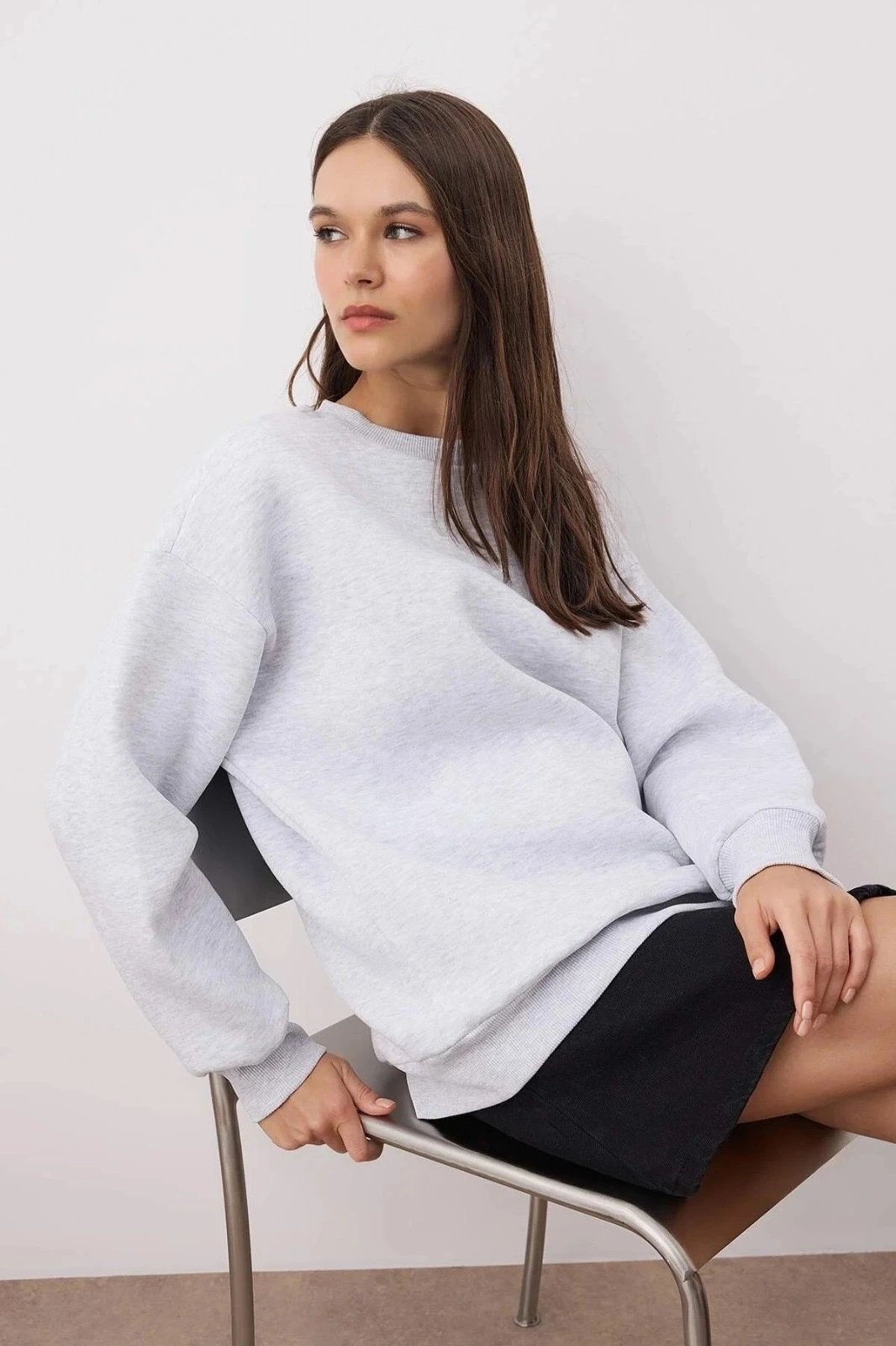 3 iplik şardonlu bisiklet yaka sweatshirt gri