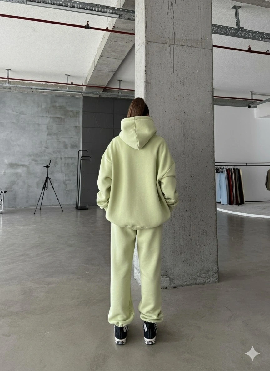 3 iplik şardonlu kapşonlu sweatshirt mint p510436